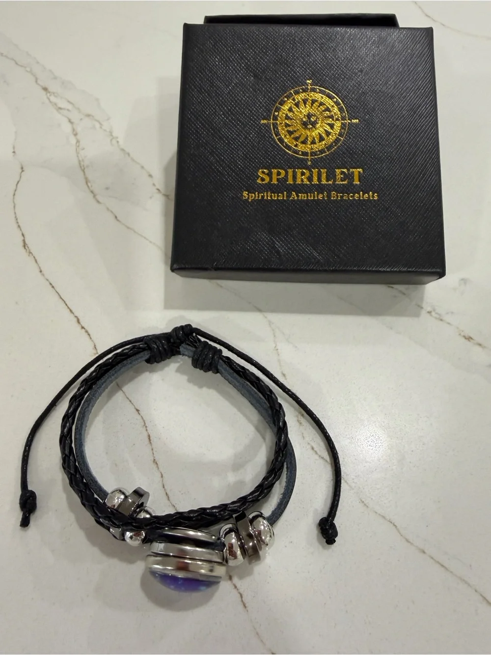 Spirilet Zodiac Black Braided Leather Bracelet with Blue Iridescent Cabochon